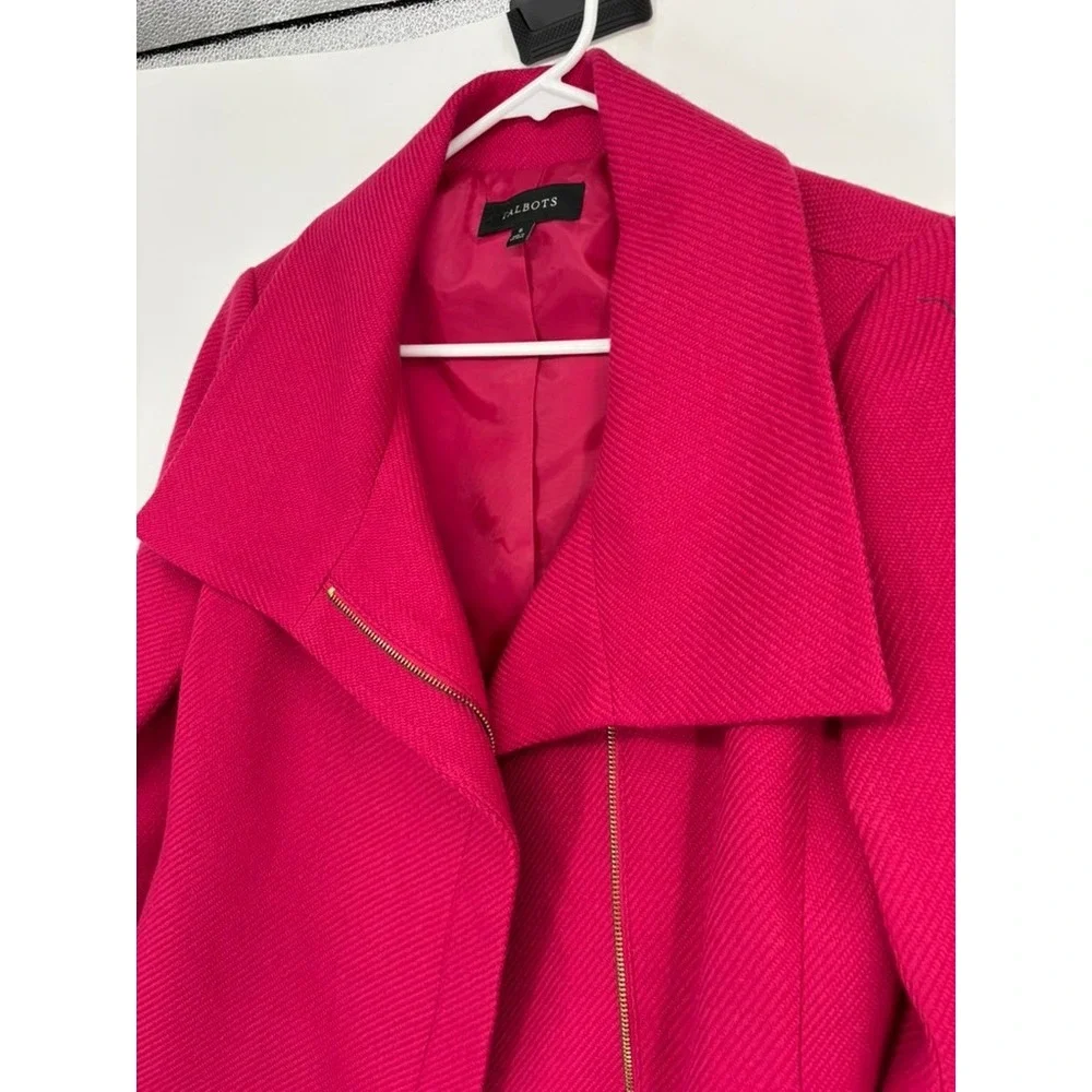 Talbots Jacket Womens 6 Pink Wool Blend Asymmetric Zip Oversized Collar Textured